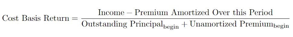 Equation illustrating the calculation of cost basis return when buying at a premium